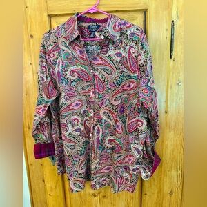 Chaps Button Up Blouse Paisley Pink Purple Green Red & Black Size 1X Outlander